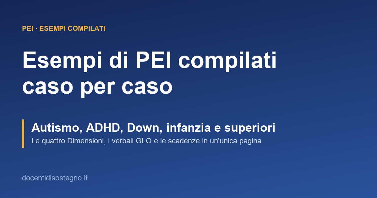 Copertina della raccolta di esempi di PEI compilati caso per caso: autismo, ADHD, sindrome di Down, infanzia e superiori