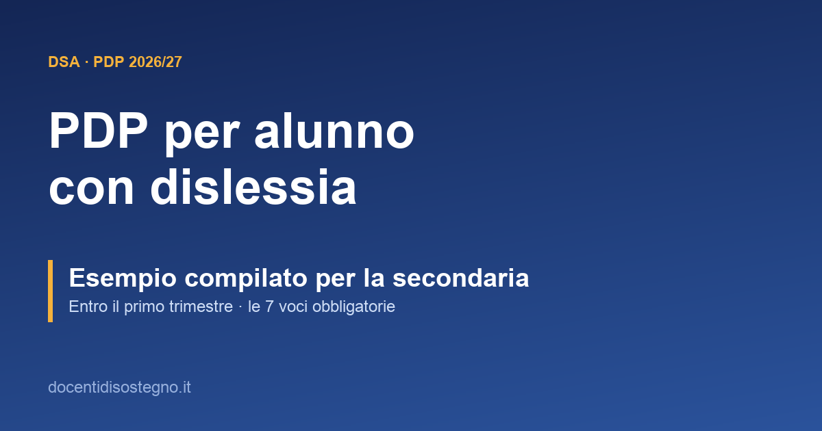 Copertina sul PDP per alunno con dislessia alla scuola secondaria con esempio compilato