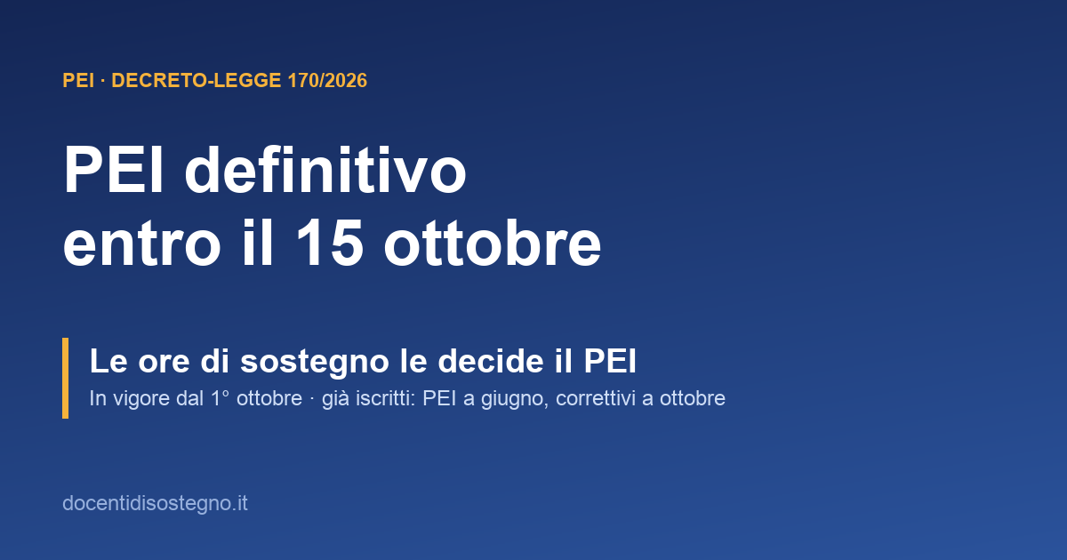 Copertina sulle novità del decreto-legge 170/2026: PEI definitivo entro il 15 ottobre e ore di sostegno definite dal PEI